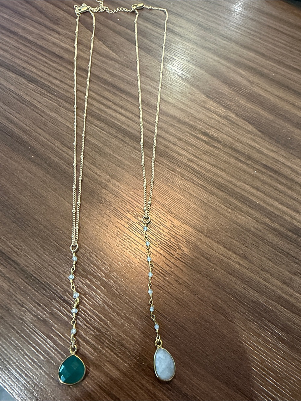 Two Gold Chain Pendant Necklace with Green and White Gemstone Drops